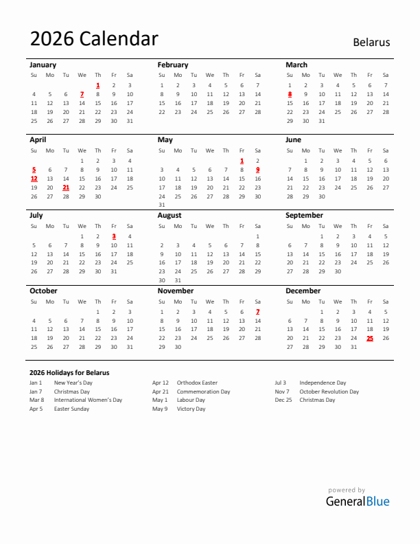 Standard Holiday Calendar for 2026 with Belarus Holidays 