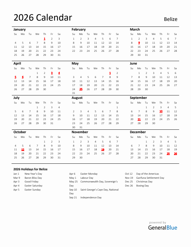 Standard Holiday Calendar for 2026 with Belize Holidays 