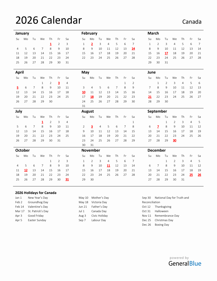 Standard Holiday Calendar for 2026 with Canada Holidays