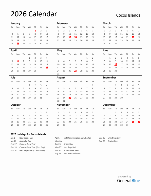 Standard Holiday Calendar for 2026 with Cocos Islands Holidays 