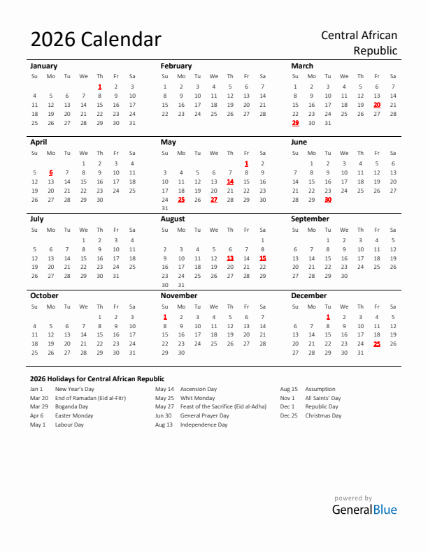 Standard Holiday Calendar for 2026 with Central African Republic Holidays 