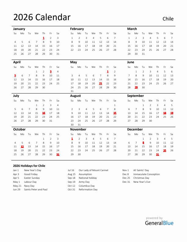 Standard Holiday Calendar for 2026 with Chile Holidays 