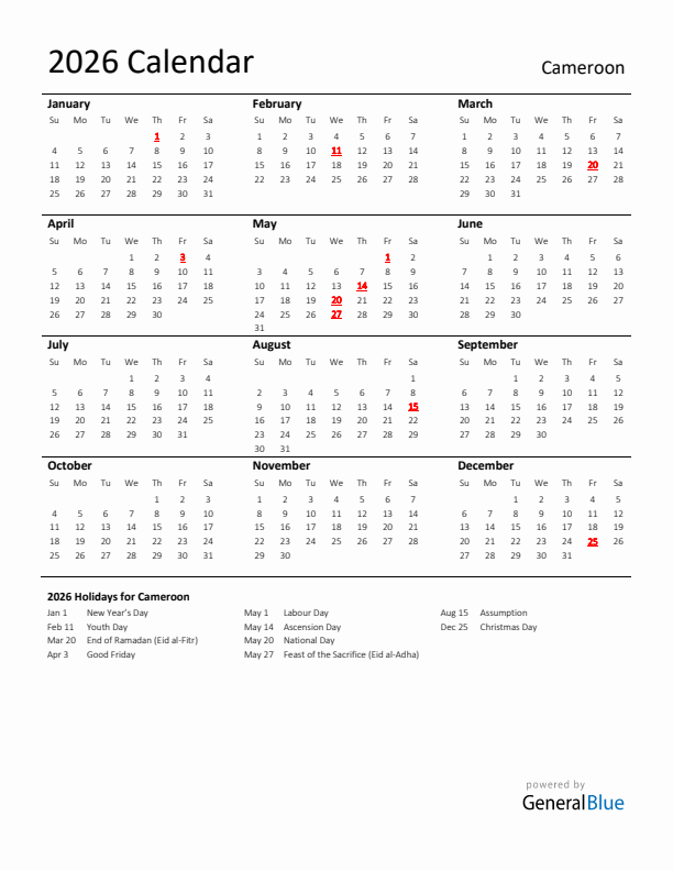 Standard Holiday Calendar for 2026 with Cameroon Holidays 