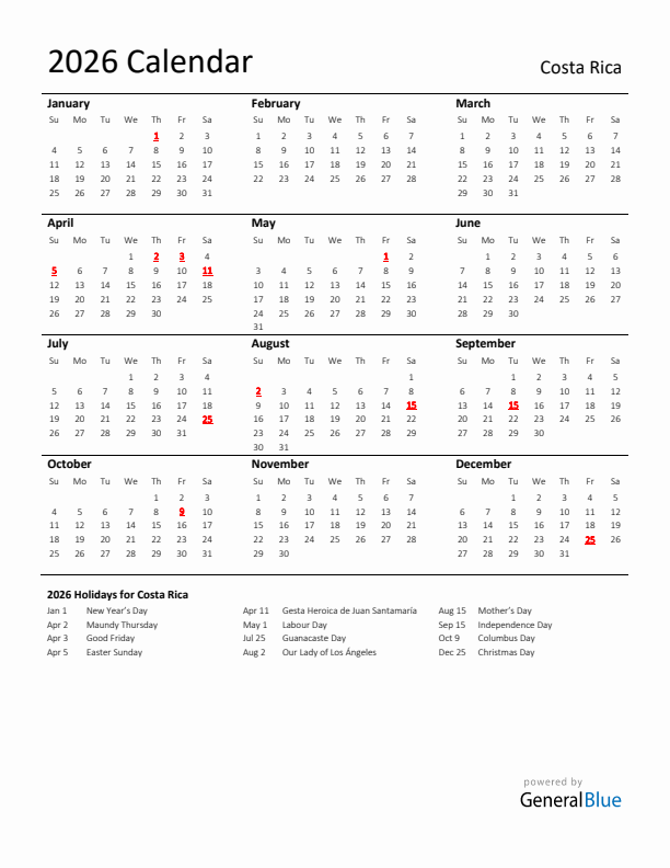 Standard Holiday Calendar for 2026 with Costa Rica Holidays 