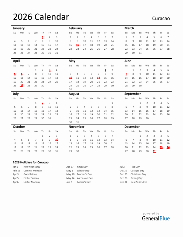 Standard Holiday Calendar for 2026 with Curacao Holidays 