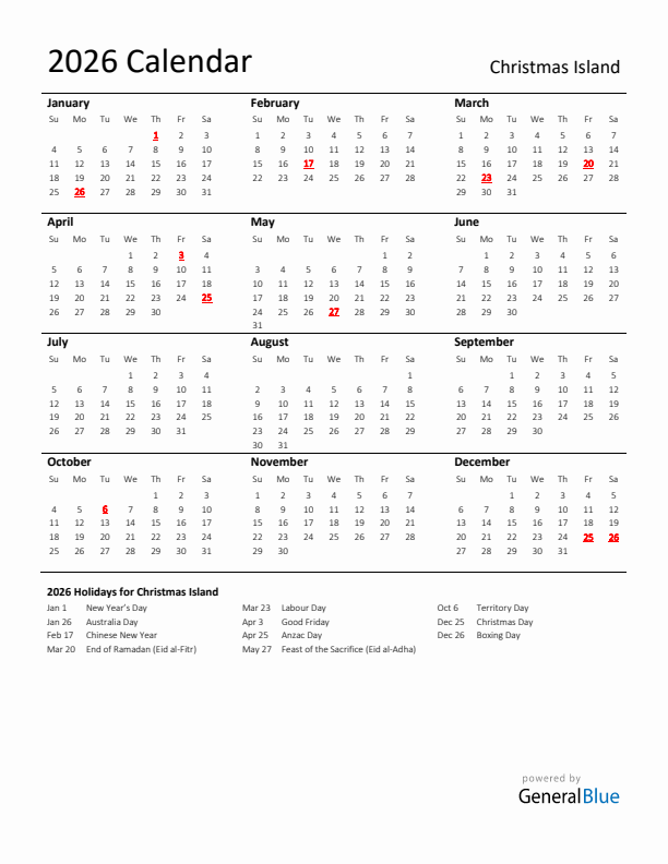 Standard Holiday Calendar for 2026 with Christmas Island Holidays 