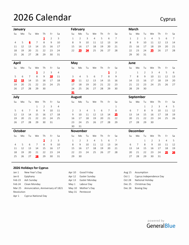 Standard Holiday Calendar for 2026 with Cyprus Holidays 