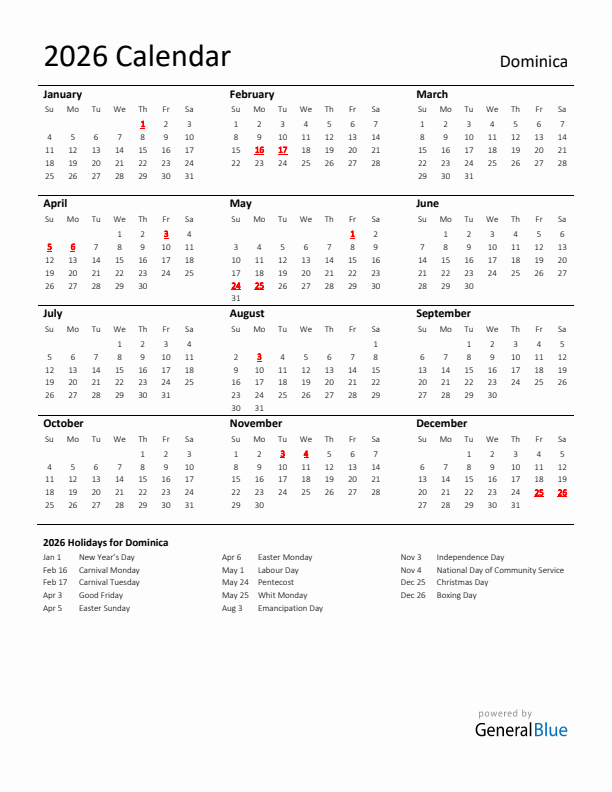 Standard Holiday Calendar for 2026 with Dominica Holidays 