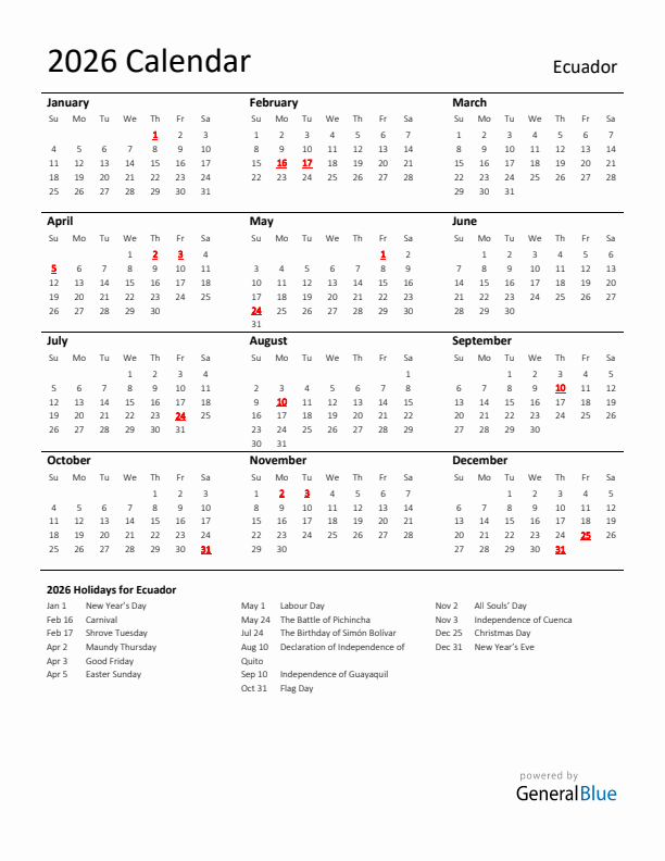 Standard Holiday Calendar for 2026 with Ecuador Holidays 