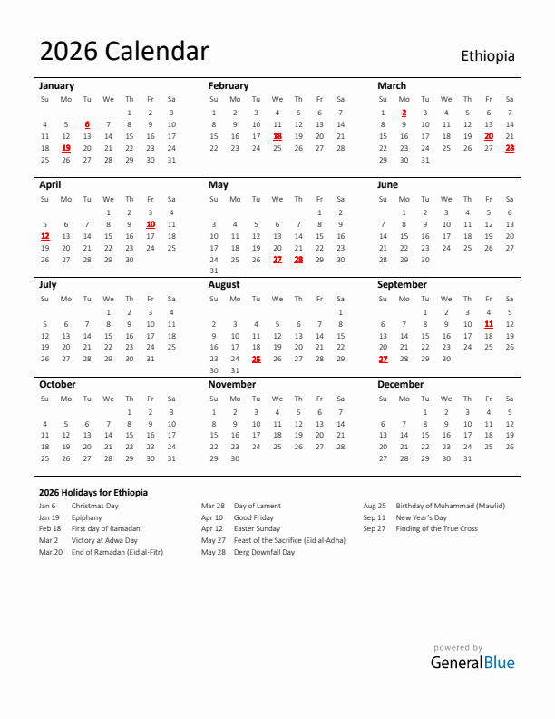 Standard Holiday Calendar for 2026 with Ethiopia Holidays 