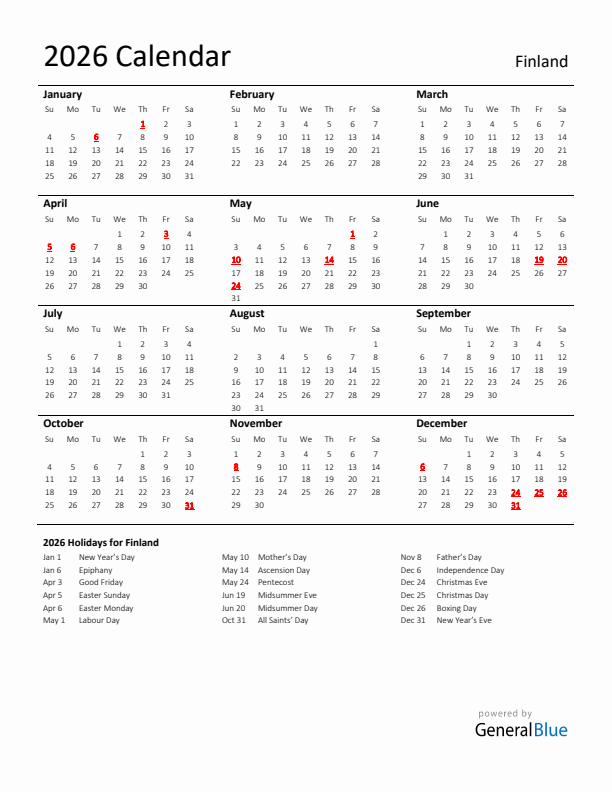 Standard Holiday Calendar for 2026 with Finland Holidays 