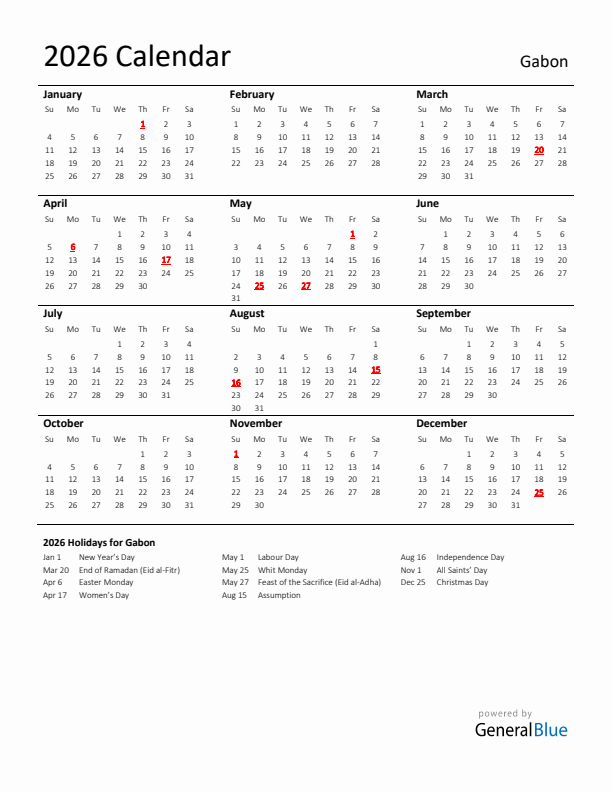 Standard Holiday Calendar for 2026 with Gabon Holidays 