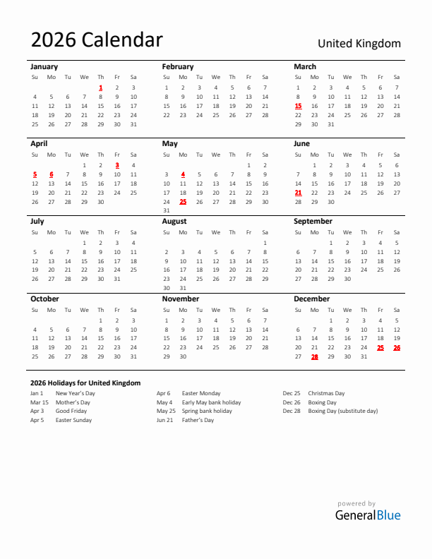 Standard Holiday Calendar for 2026 with United Kingdom Holidays 