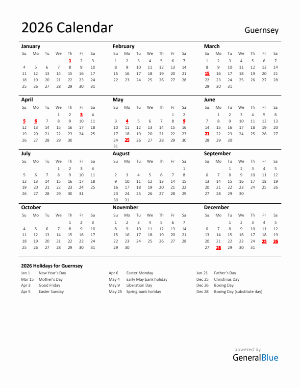 Standard Holiday Calendar for 2026 with Guernsey Holidays 
