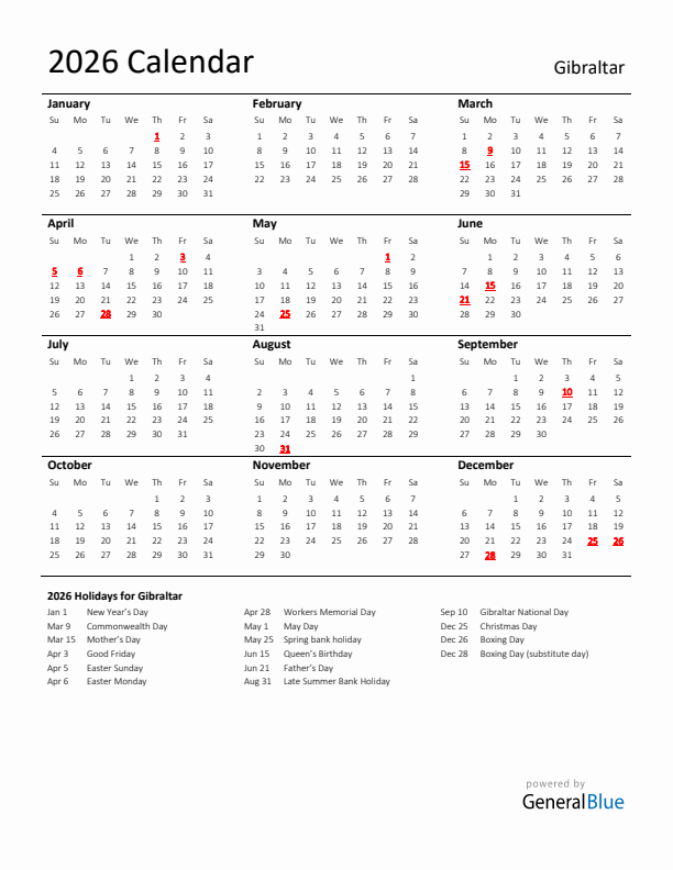 Standard Holiday Calendar for 2026 with Gibraltar Holidays 