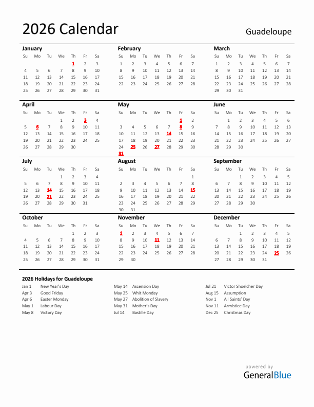 Standard Holiday Calendar for 2026 with Guadeloupe Holidays 