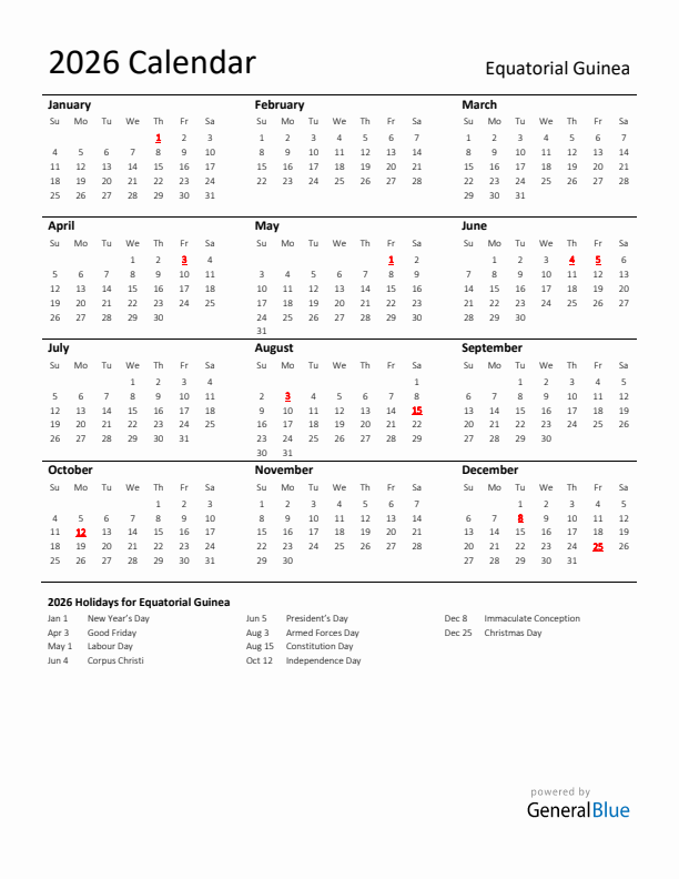 Standard Holiday Calendar for 2026 with Equatorial Guinea Holidays 