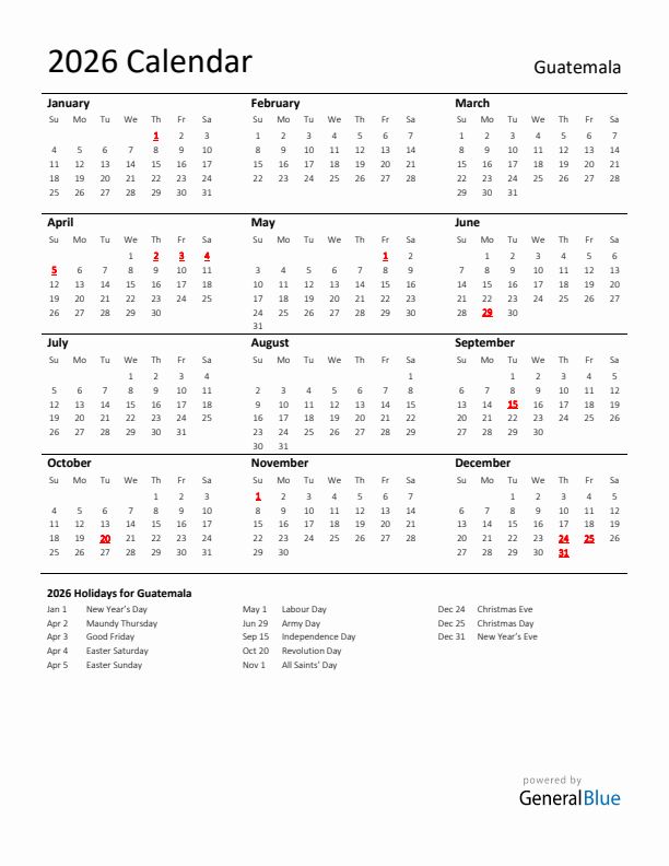 Standard Holiday Calendar for 2026 with Guatemala Holidays 