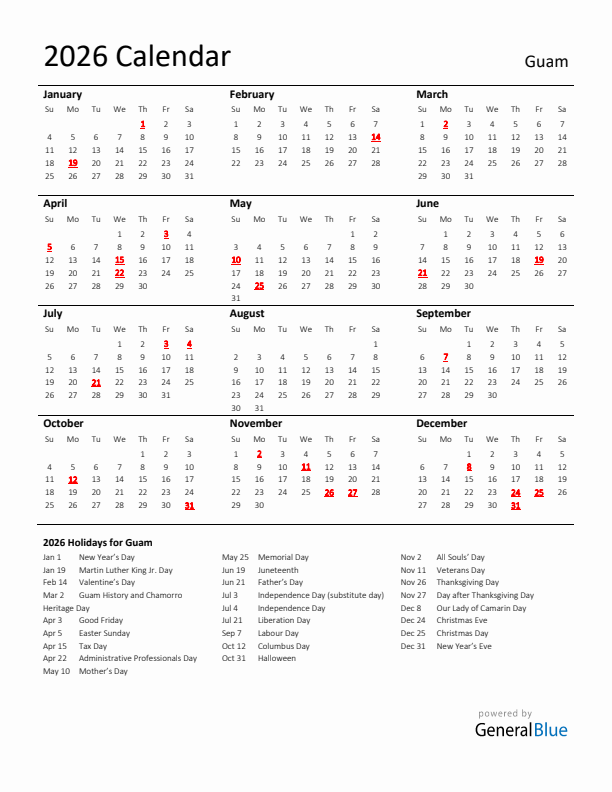 Standard Holiday Calendar for 2026 with Guam Holidays 
