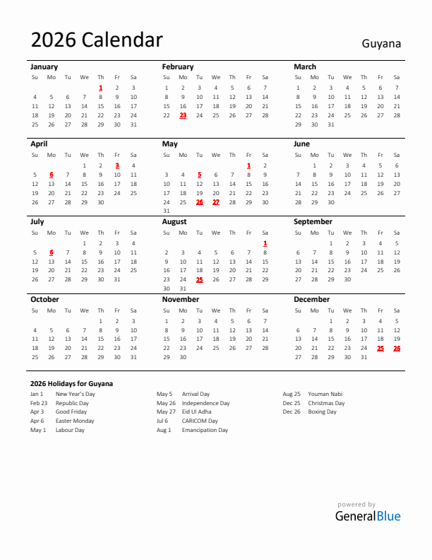 Standard Holiday Calendar for 2026 with Guyana Holidays 