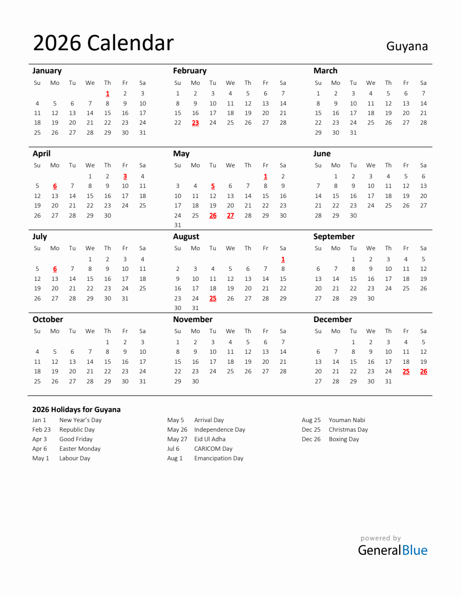 Standard Holiday Calendar for 2026 with Guyana Holidays