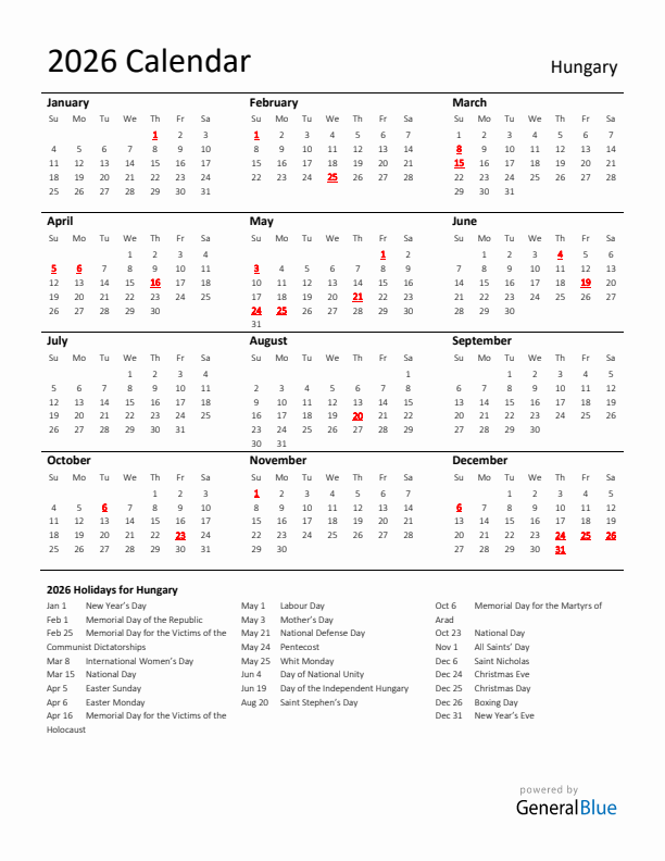 Standard Holiday Calendar for 2026 with Hungary Holidays 