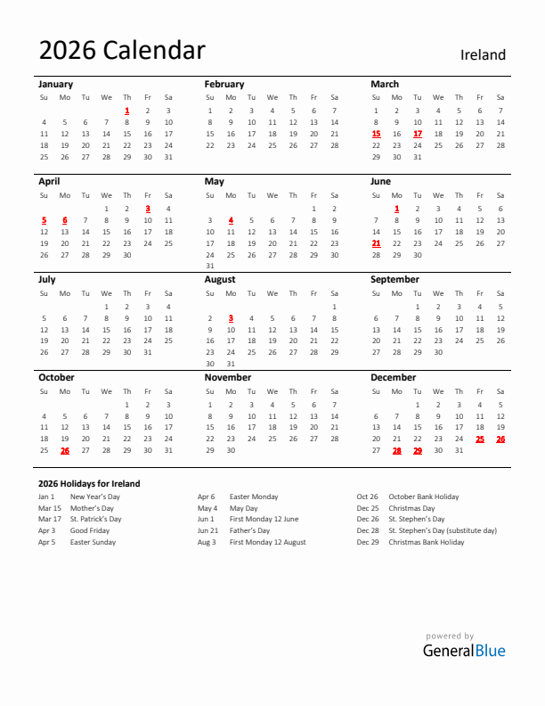 Standard Holiday Calendar for 2026 with Ireland Holidays 