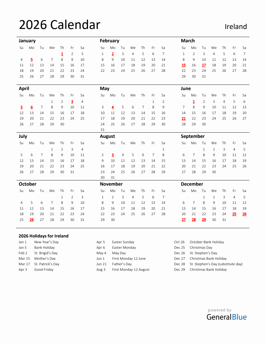 Standard Holiday Calendar for 2026 with Ireland Holidays