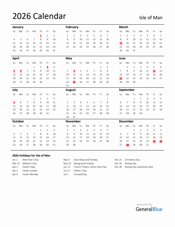 Standard Holiday Calendar for 2026 with Isle of Man Holidays 