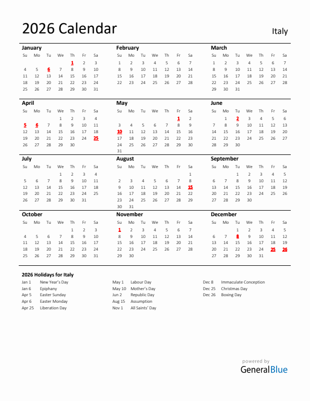 Standard Holiday Calendar for 2026 with Italy Holidays 