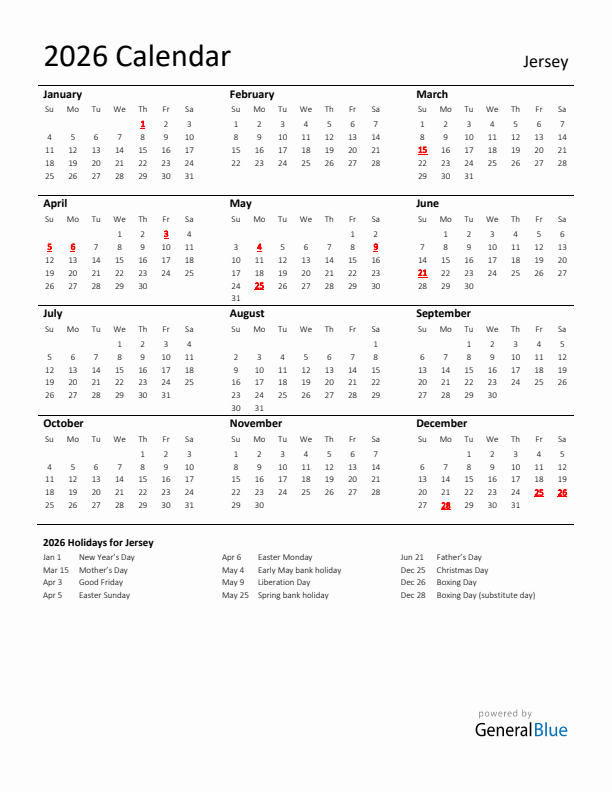 Standard Holiday Calendar for 2026 with Jersey Holidays 