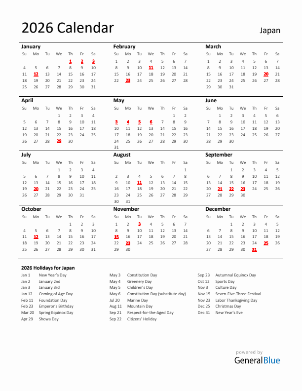 Standard Holiday Calendar for 2026 with Japan Holidays 