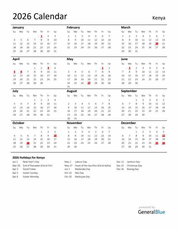 Standard Holiday Calendar for 2026 with Kenya Holidays 