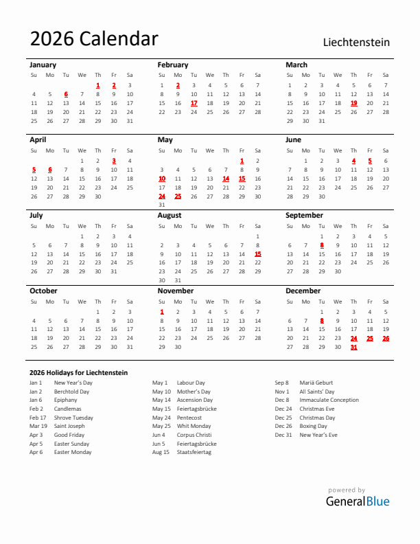 Standard Holiday Calendar for 2026 with Liechtenstein Holidays 