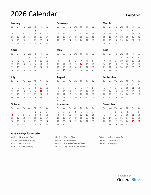 Standard Holiday Calendar for 2026 with Lesotho Holidays 