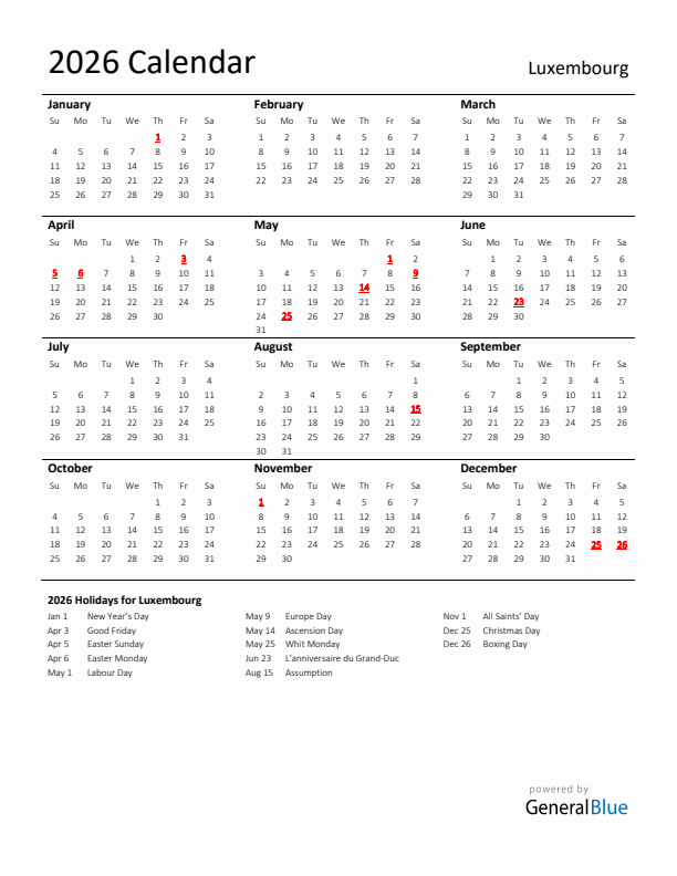 Standard Holiday Calendar for 2026 with Luxembourg Holidays 