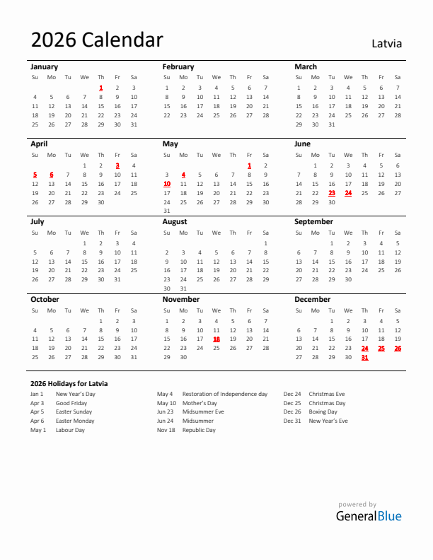 Standard Holiday Calendar for 2026 with Latvia Holidays 