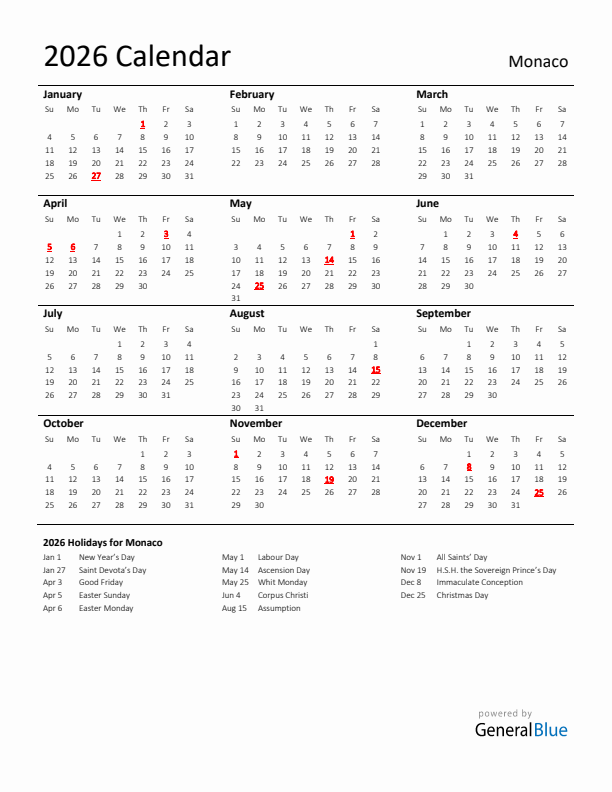 Standard Holiday Calendar for 2026 with Monaco Holidays 