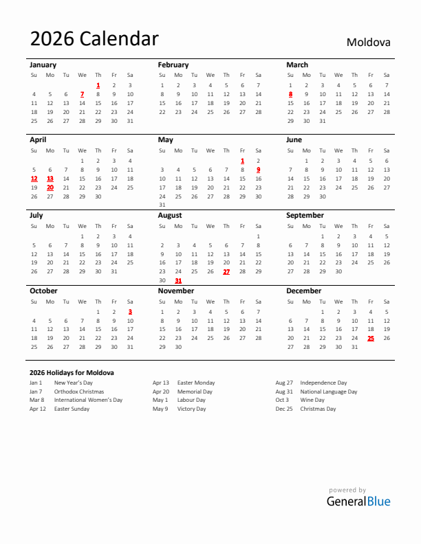 Standard Holiday Calendar for 2026 with Moldova Holidays 