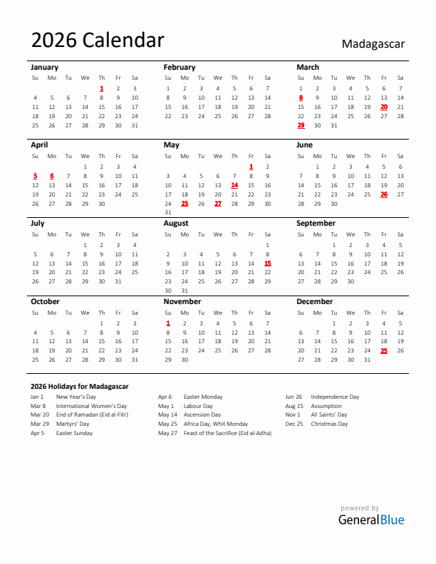Standard Holiday Calendar for 2026 with Madagascar Holidays 