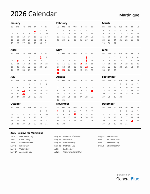 Standard Holiday Calendar for 2026 with Martinique Holidays 