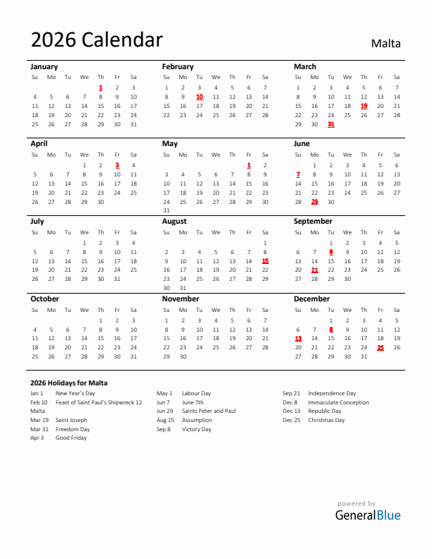 Standard Holiday Calendar for 2026 with Malta Holidays 