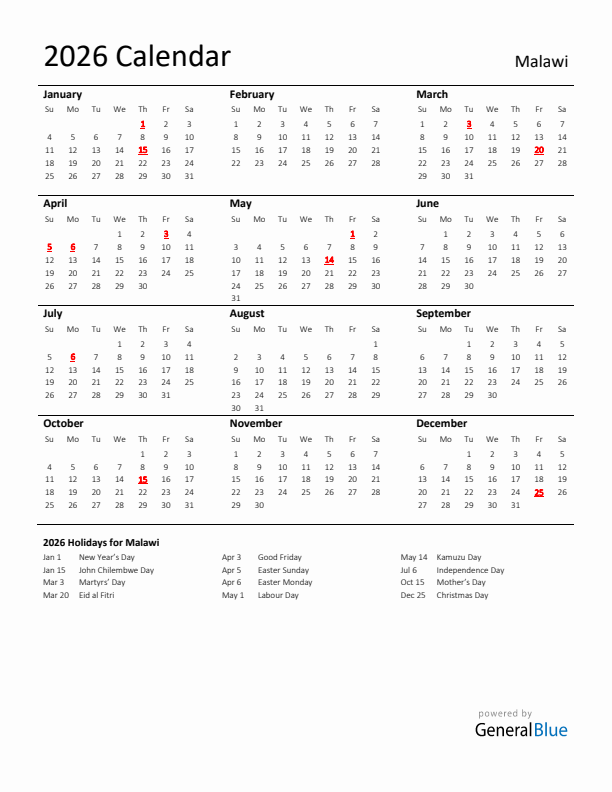 Standard Holiday Calendar for 2026 with Malawi Holidays 