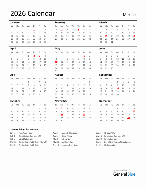 Standard Holiday Calendar for 2026 with Mexico Holidays 