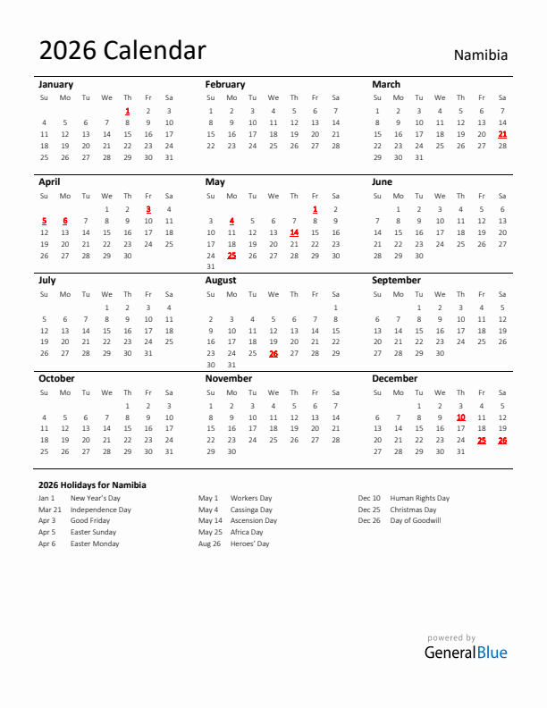 Standard Holiday Calendar for 2026 with Namibia Holidays 