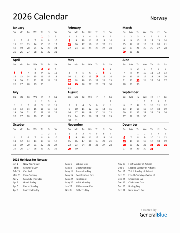 Standard Holiday Calendar for 2026 with Norway Holidays 