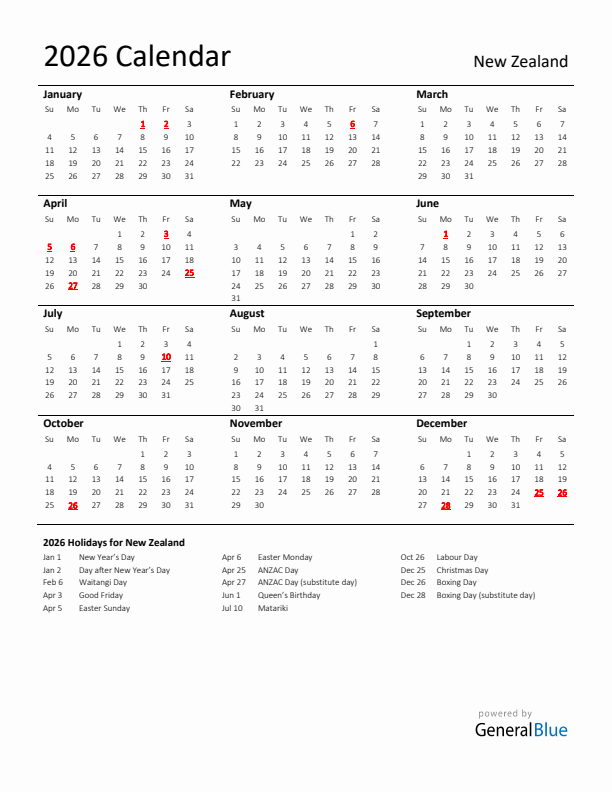 Standard Holiday Calendar for 2026 with New Zealand Holidays 