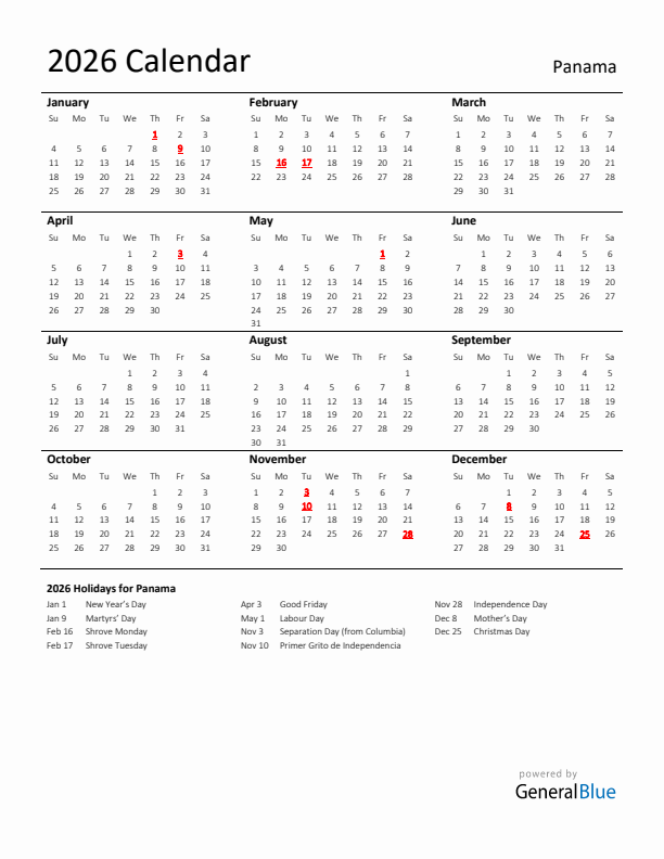 Standard Holiday Calendar for 2026 with Panama Holidays 