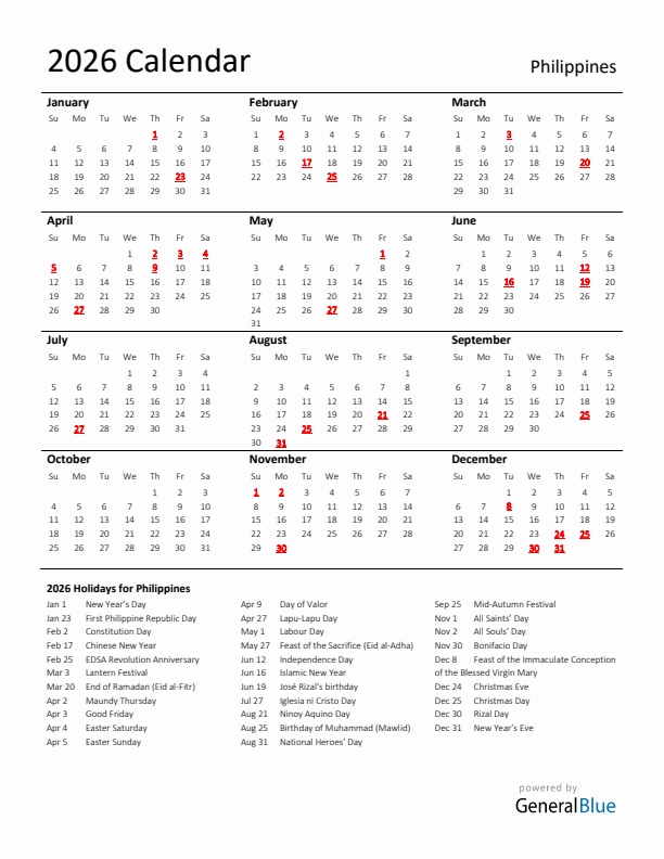 Standard Holiday Calendar for 2026 with Philippines Holidays 
