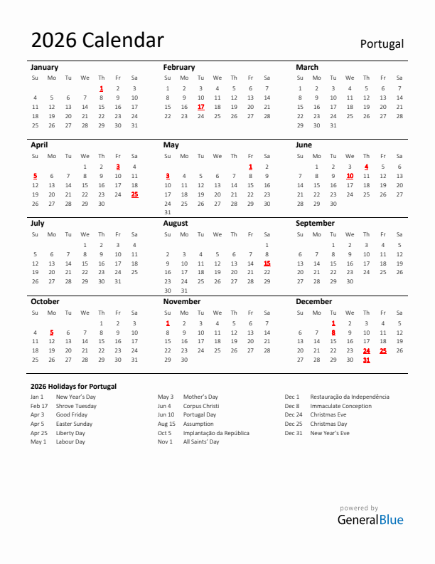 Standard Holiday Calendar for 2026 with Portugal Holidays 